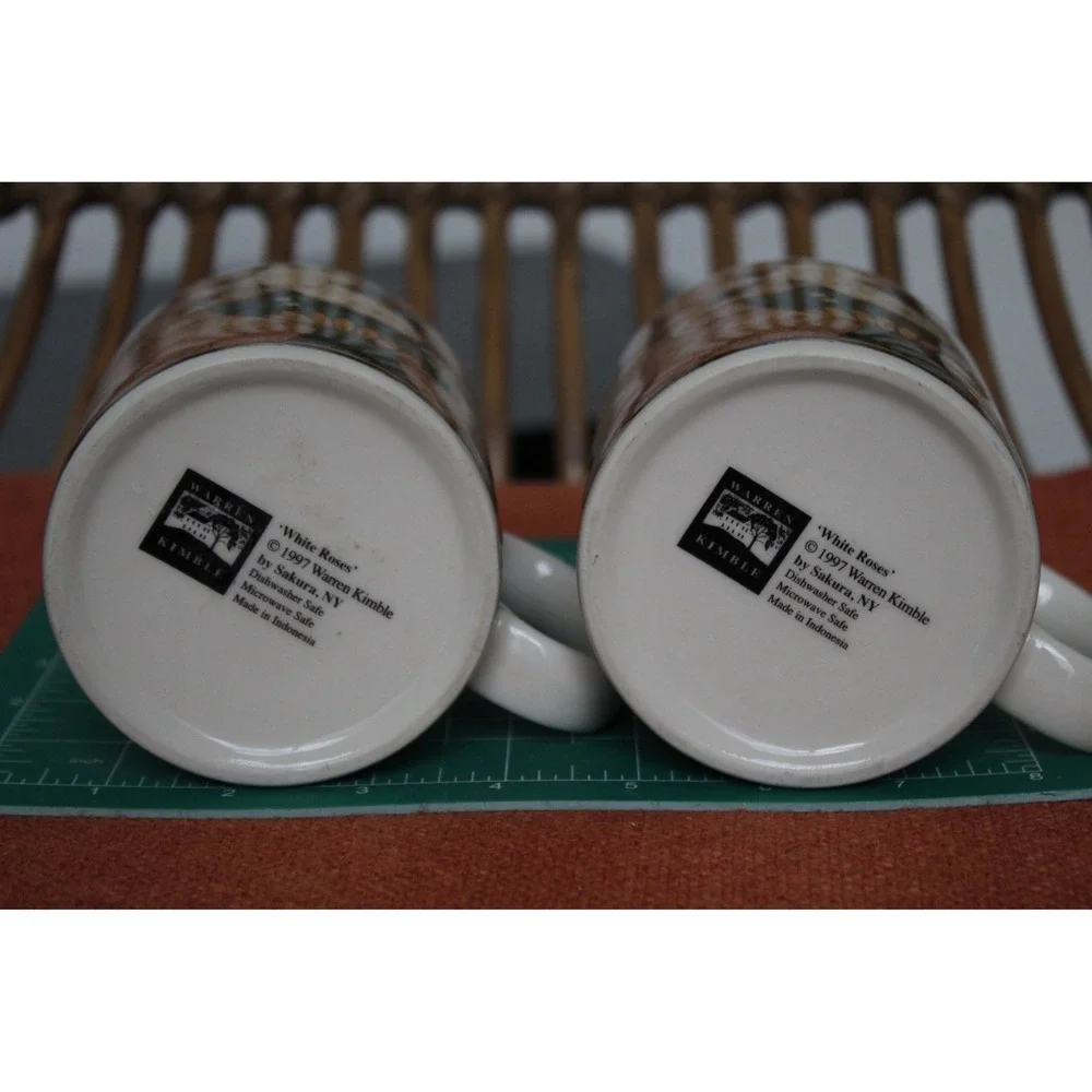 Sakura Warren Kimble White Roses Coffee Mugs Set of 2 Vintage 1997 Floral Brown - Picture 7 of 10